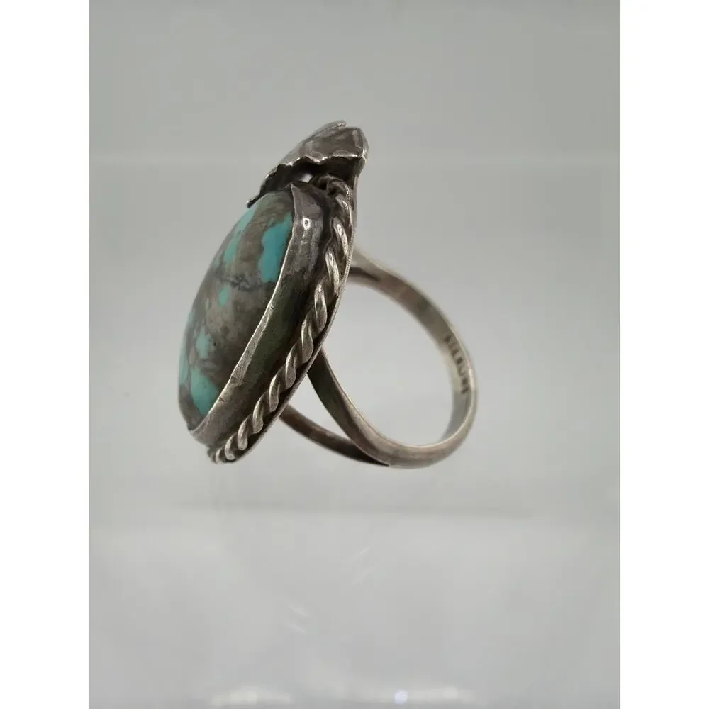 Vintage Navajo Sterling Silver Turquoise Leaf Ring 6.5